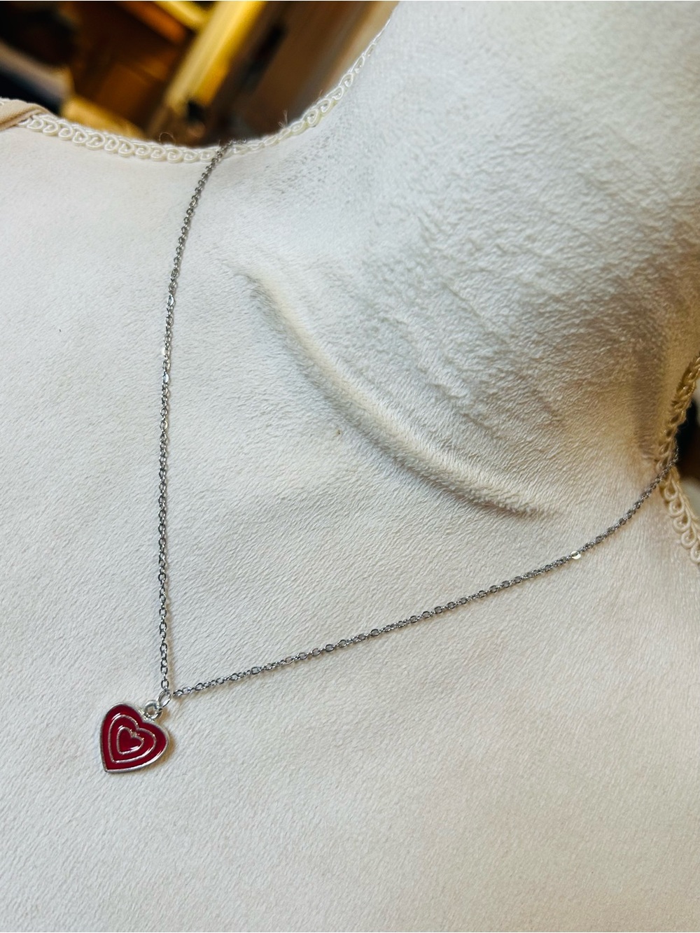 Handcrafted vintage red enamel heart pendant on chain necklace